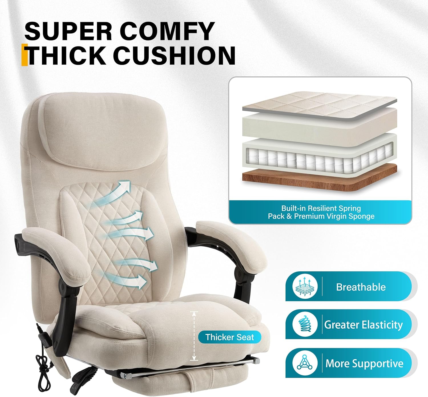 6-Point Massage Office Chair with Heated, Ergonomic Office Chair with Footrest & 45°Reclining High Back, Big and Tall Executive Office Chair 500LBS, Thick Cushion Desk Chair for Home Office, Beige