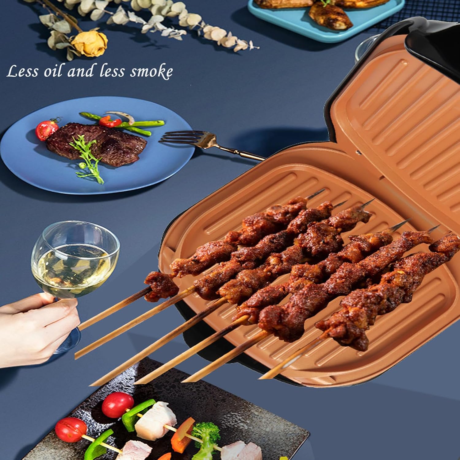 Electric Indoor Grill, Serves 3, Non-Stick Easy-Clean Plates, Floating Hinge for Thicker Foods, 900 Watt, Black