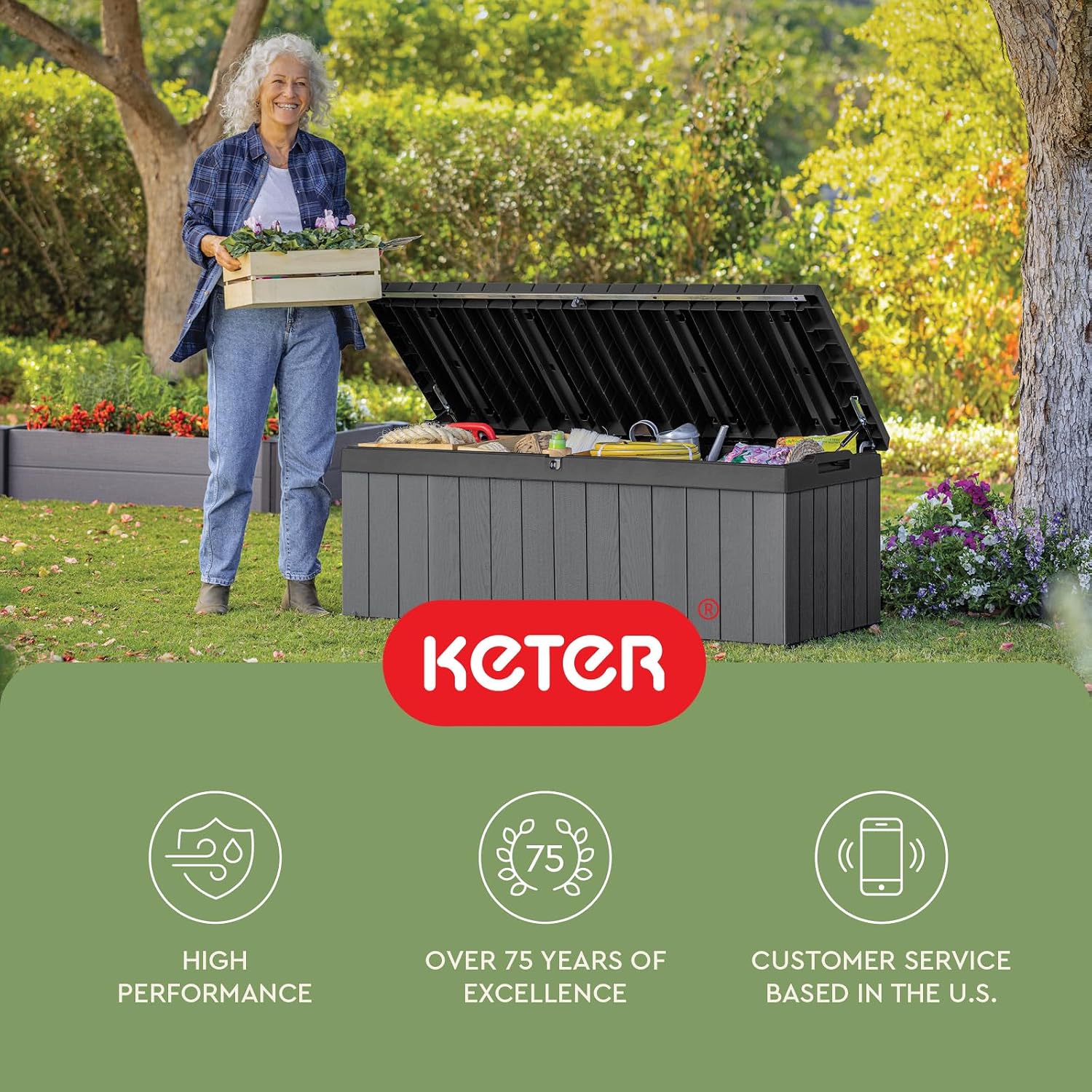 Keter Darwin 100 Gallon Resin Large Deck Box - Organization and Storage for Patio Furniture, Outdoor Cushions, Garden Tools and Pool Toys, Grey & Black