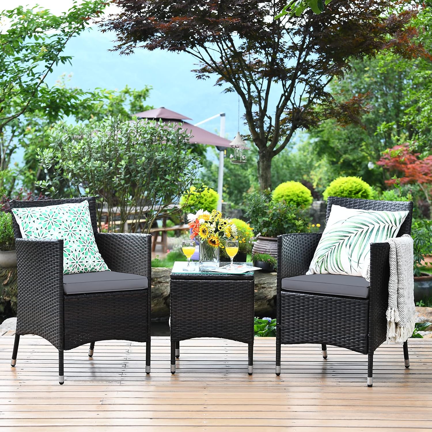 COSTWAY 3 PCS Patio Furniture Set, Outdoor Wicker Conversation Set with Tempered Glass Coffee Table, Seat Cushions, Rattan Wicker Chairs for Poolside Balcony Porch Backyard, Gray