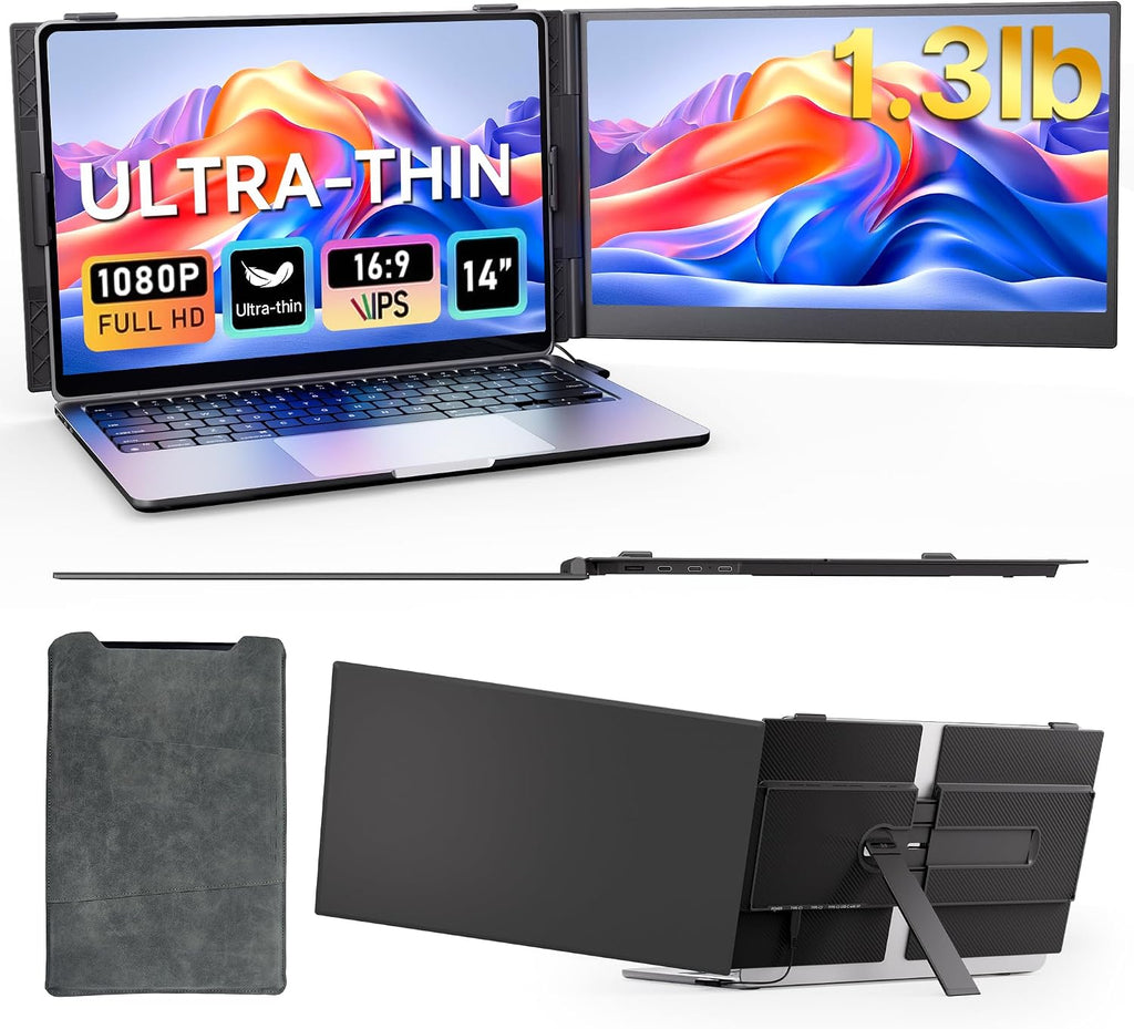 Laptop Screen Extender - 14' FHD IPS 1080P Dual Portable Monitor for 13.3'-17.3' Laptop USB-C/USB-A/HDMI Monitors Display Travel Work Monitor Extender for Mac Windows