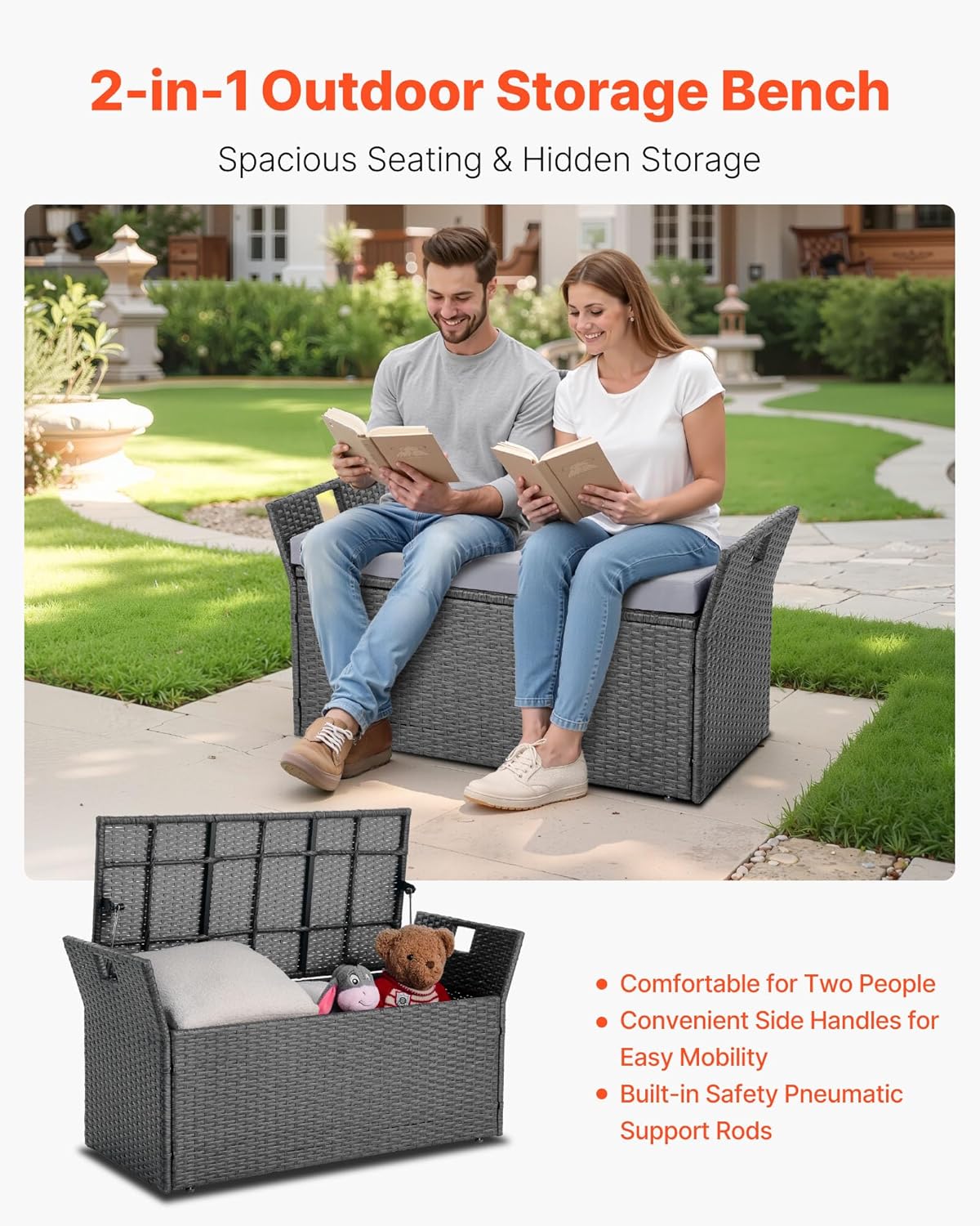 VEVOR Outdoor Storage Bench, 2-Person PE Rattan Storage Bench, 40 Gal Deck Box with Cushion & Side Handle, Supports up to 400 lbs, Outdoor Seating & Porch Decor for Patio Garden Balcony
