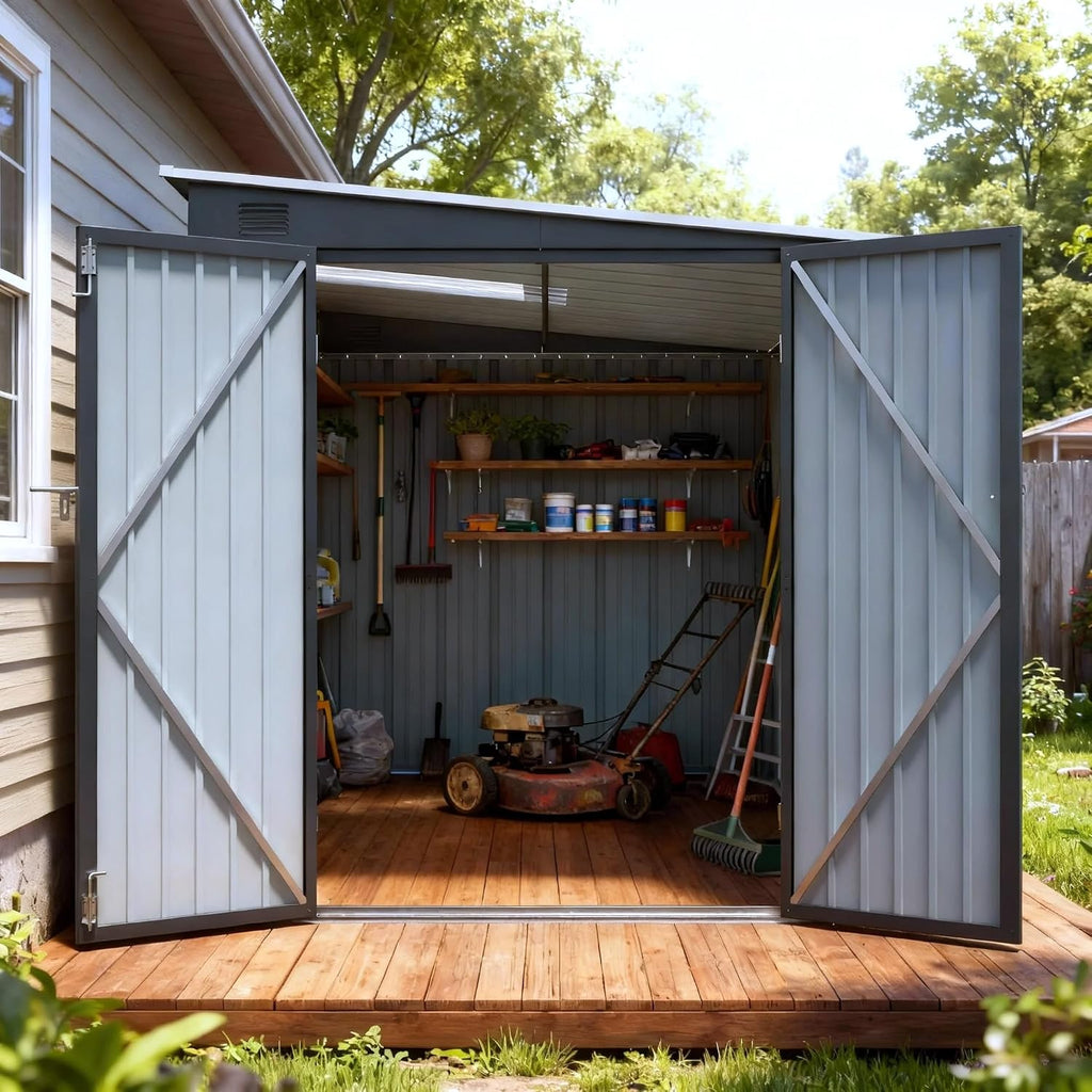 6x8 FT Lean to Shed with Skylight & Double Doors, Metal Outdoor Storage Shed with Free PC Light Board for Tools, Outside Storage Shed Waterproof for Backyard, Patio, Garden