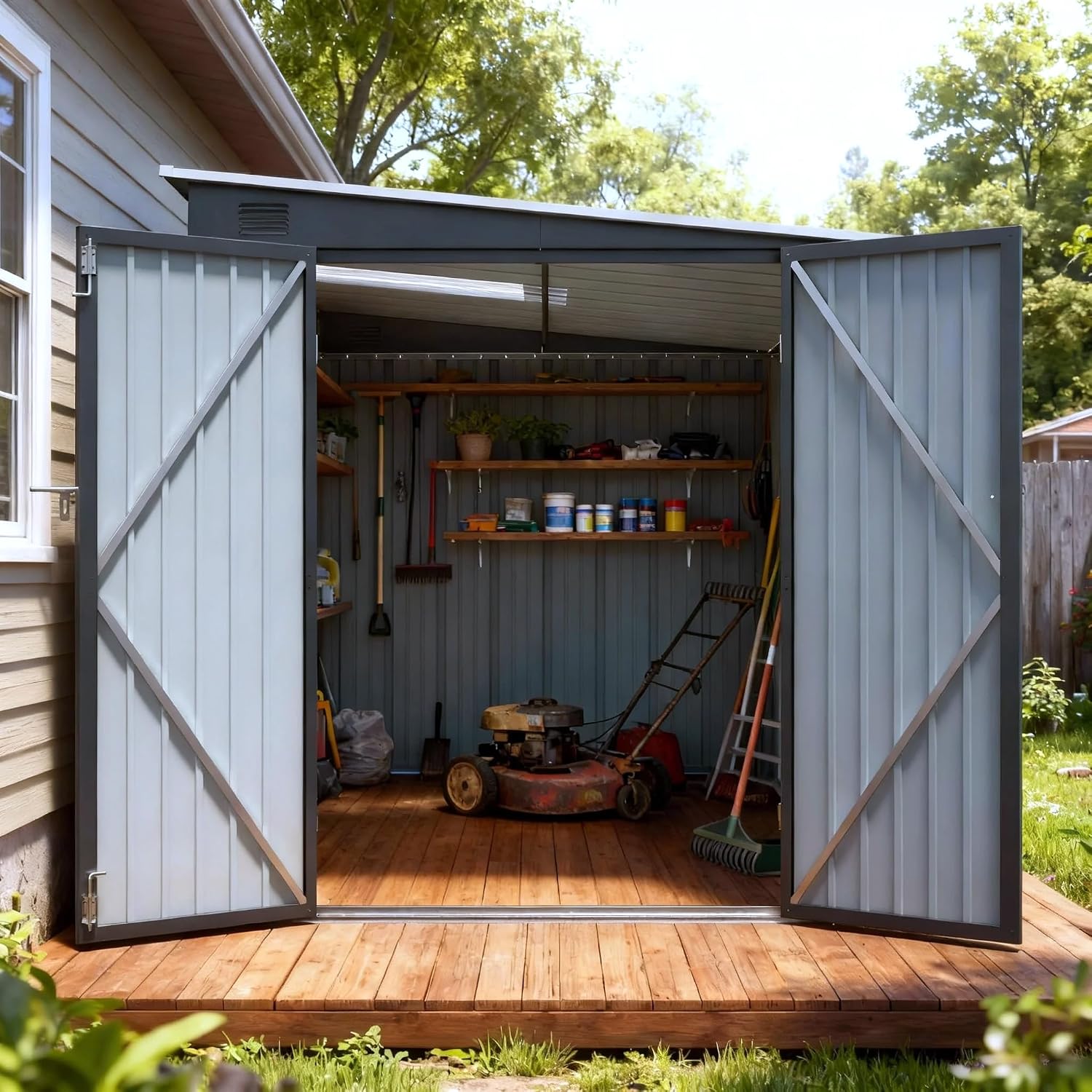 6x8 FT Lean to Shed with Skylight & Double Doors, Metal Outdoor Storage Shed with Free PC Light Board for Tools, Outside Storage Shed Waterproof for Backyard, Patio, Garden