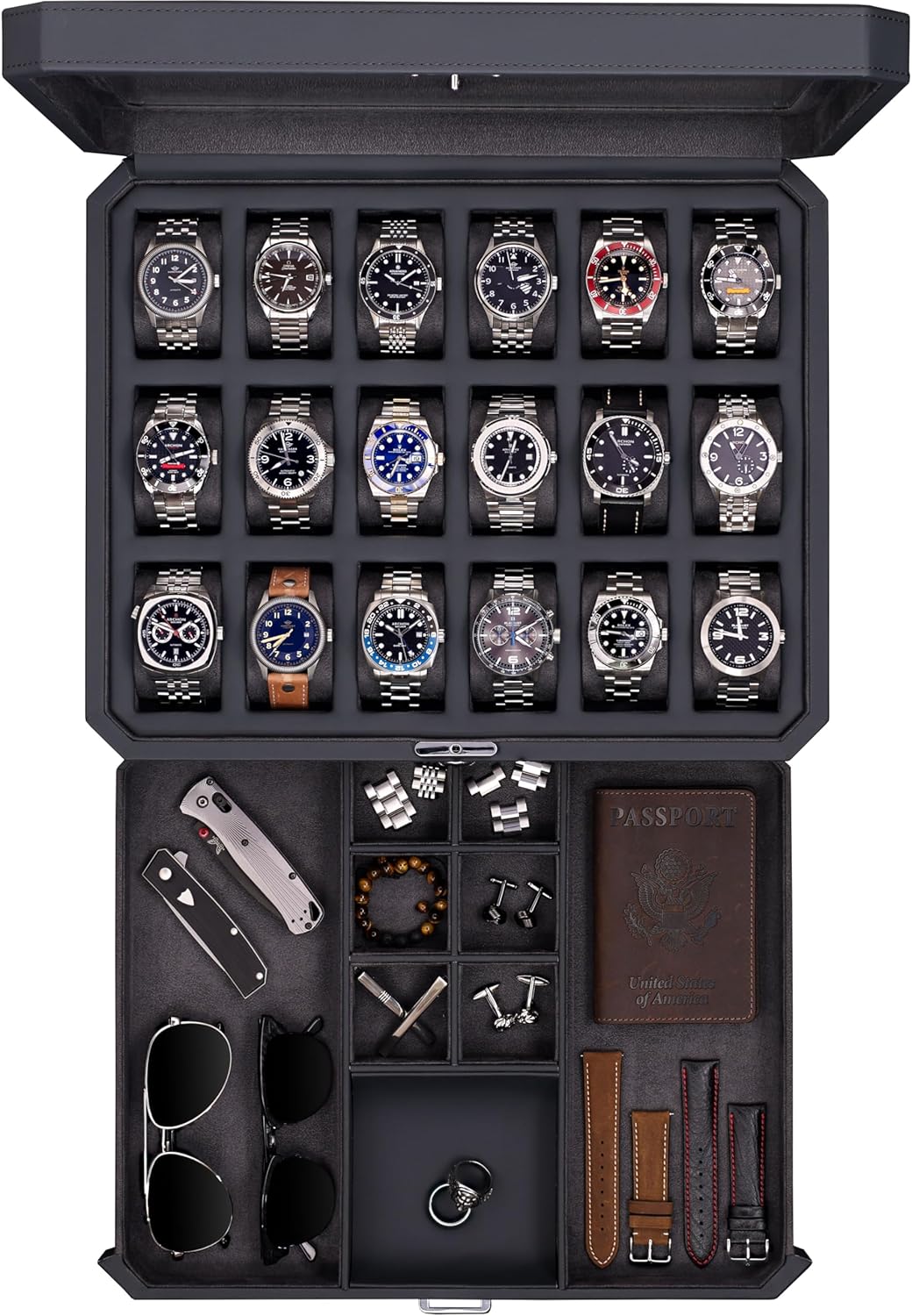ROTHWELL 18-Slot Watch Case with Drawer – Luxury Watch Box for Men, Real Glass Top, Lockable, Display Case for Collections (Carbon)