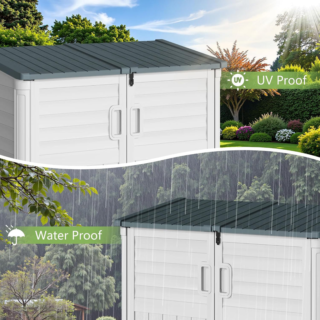 Greesum Outdoor Trash Can Storage Shed, 34 Cu.ft Horizontal Outdoor Storage Cabinet, Waterproof for Garden, Pool Storage, Garbage Cans, Beige