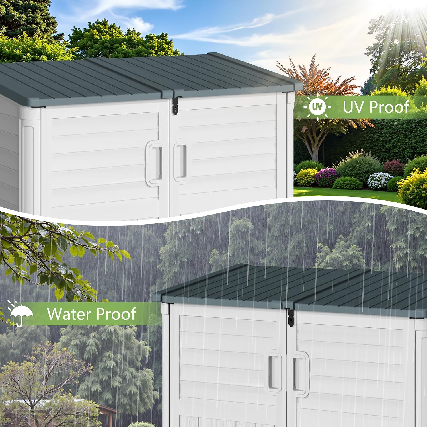 Greesum Outdoor Trash Can Storage Shed, 34 Cu.ft Horizontal Outdoor Storage Cabinet, Waterproof for Garden, Pool Storage, Garbage Cans, Beige