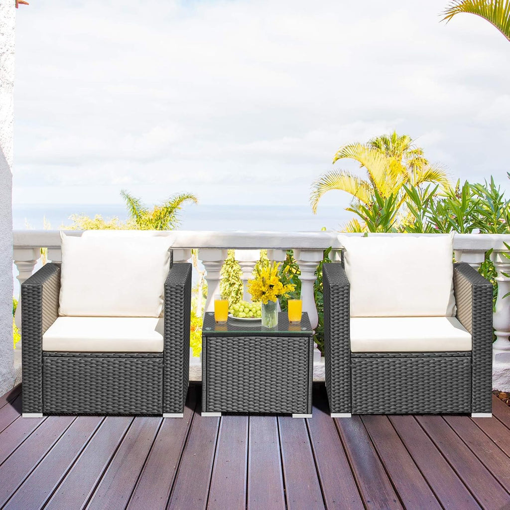 HAPPYGRILL 3 Pieces Rattan Patio Furniture Set, PE Wicker Patio Conversation Set with Coffee Table and Cushions, Outdoor Sofa Set for Garden Balcony Porch Poolside