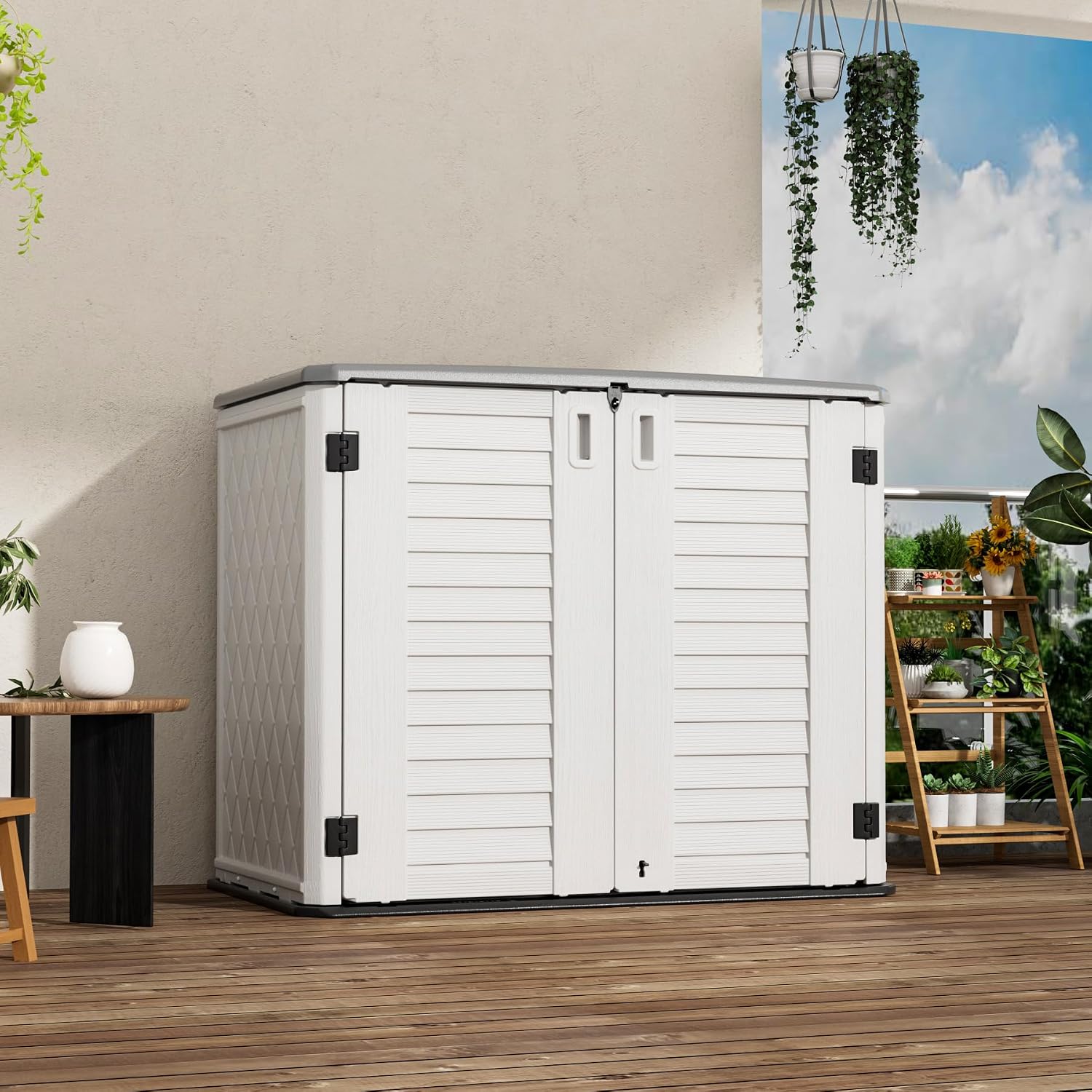 Mrosaa Outdoor Patio Storage Shed,Waterproof Horizontal Outdoor Storage Cabinet for Garbage Cans,Tools and Lawnmower Lockable(34 Cu.ft-Warm-White)