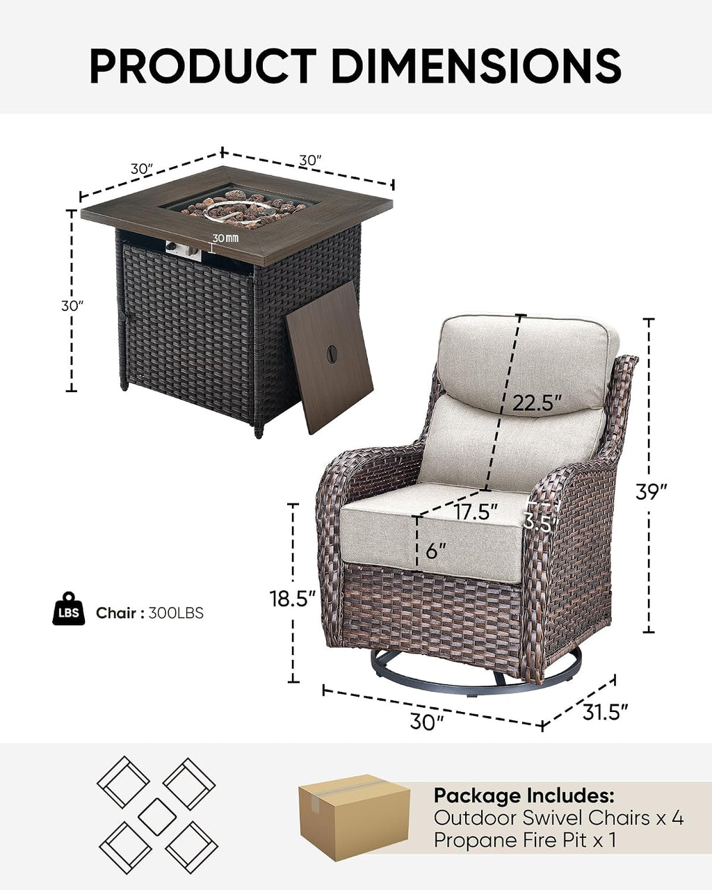 HUMMUH Wicker Patio Furniture Set with Patio Swivel Chairs Set of 4 and 50,000 BTU Fire Pit Table,6 Inch Thick Cushions High Back Outdoor Swivel Rocker Chairs Set for Porch, Balcony, Deck
