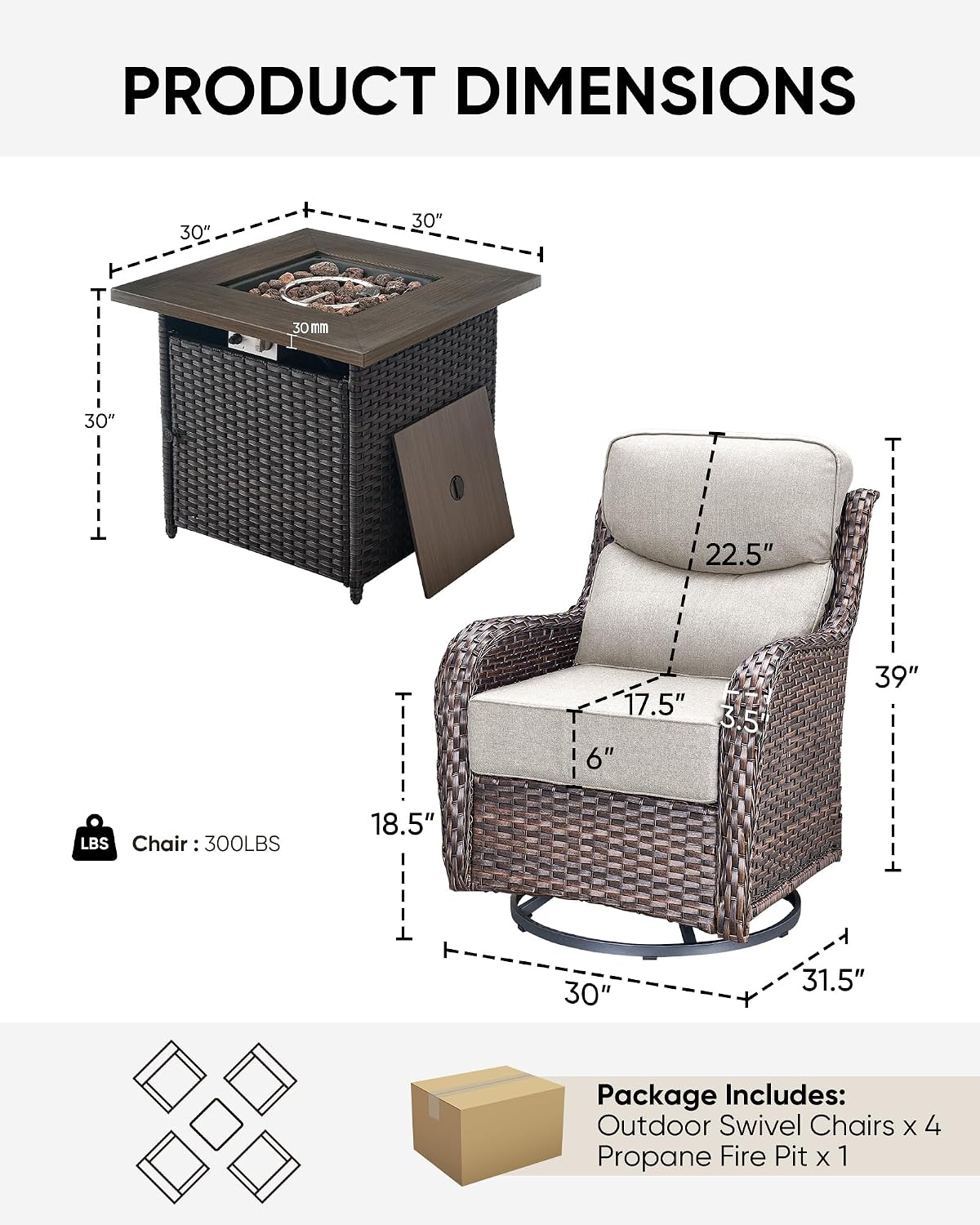 HUMMUH Wicker Patio Furniture Set with Patio Swivel Chairs Set of 4 and 50,000 BTU Fire Pit Table,6 Inch Thick Cushions High Back Outdoor Swivel Rocker Chairs Set for Porch, Balcony, Deck