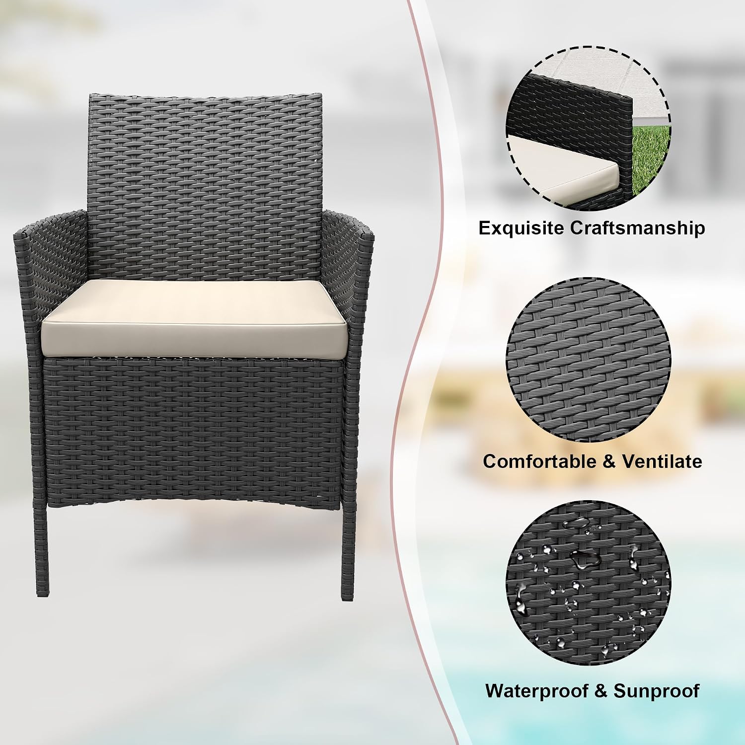 GarveeLife 3 Piece Patio Furniture Set, Rattan Outdoor Furniture with 2 Chairs & Coffee Table, Modern Outdoor Seating Conversation Bistro Set for Garden Backyard Porch (Black and Beige)