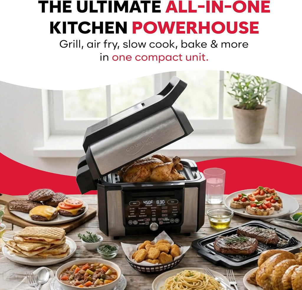 Foodgenie Gourmax Pro One Cooking Device - All-in-One Oven, Smokeless Grill, Air Fryer, Griddle, Cooker & More – 16 Preset Functions, Smart Temperature Control, Dual Surface, Dishwasher Safe, 1500W
