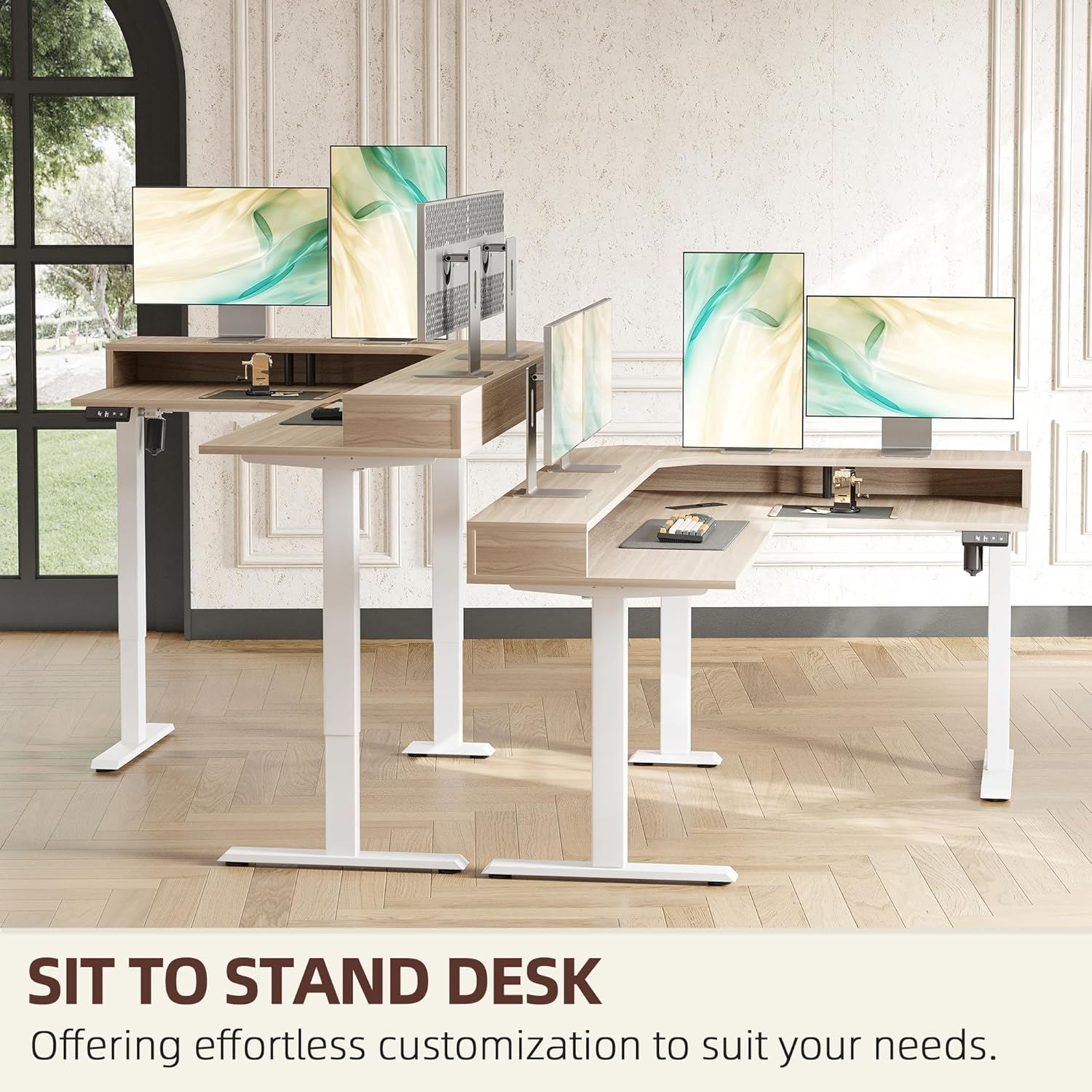 TIQLAB 63'' L-Shaped Standing Desk with LED Light Strip and Power Outlet, Height Adjustable Corner Table with Ergonomic Monitor Stand, Light Walnut