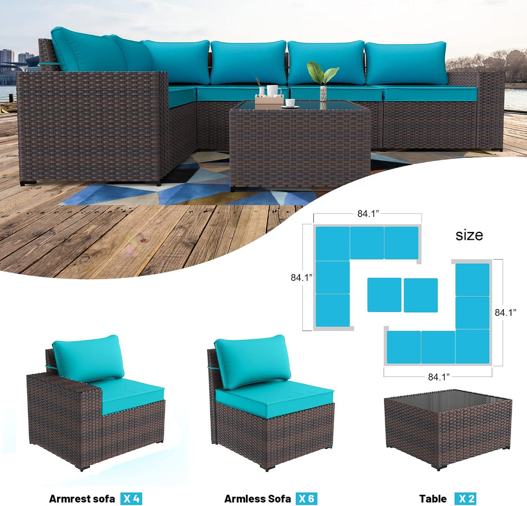 Kullavik Outdoor Patio Furniture Set,12 Pieces Sectional Rattan Sofa Set Brown PE Rattan Wicker Patio Conversation Set with 10 Seat Cushions and 2 Tempered Glass Coffee Table,Turquoise Blue