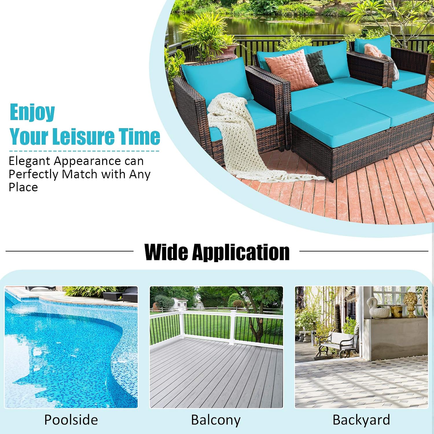 Tangkula 5 Pieces Rattan Patio Furniture Set, Outdoor Sectional Wicker Sofa Set with Loveseat, 2 Single Sofas, 2 Ottomans & Removable Cushion, Outside Daybed Sofa for Yard, Garden, Poolside, Turquoise