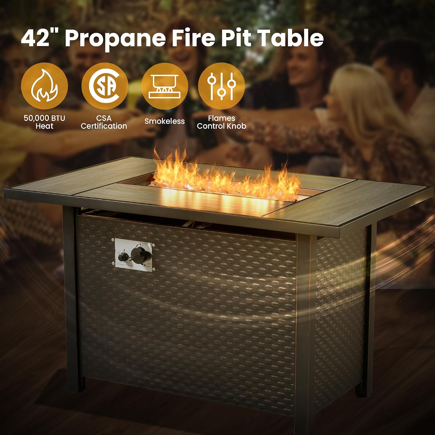 6 PCS Outdoor Patio Furniture 42in Set with Fire Pit Table, All-Weather Rattan Wicker Conversation Group with Deep Seating, Armchairs & Ottoman, High Back Comfort for Porch, Backyard, Orange