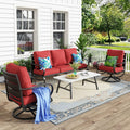 MFSTUDIO 4 Pieces Patio Conversation Sets(5 Seat), Outdoor Metal Furniture Sofa Set with 1 Loveseat(3 Seat), 2 Swivel Chairs, 1 Coffee Table, Steel Frame Patio Set with Burgundy Red Cushion for Patio