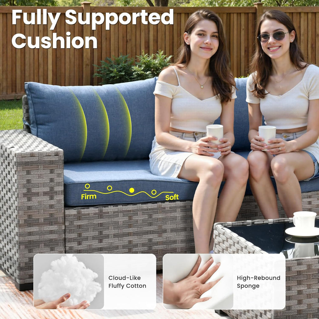 ovios 7 Pieces Patio Furniture Set, Outdoor Wicker Sectional Sofa with 42 Inch Fire Pit Table Comfy Cushions, Modern Modular Deep Seat Rattan Couch Conversation Set, Denim Blue