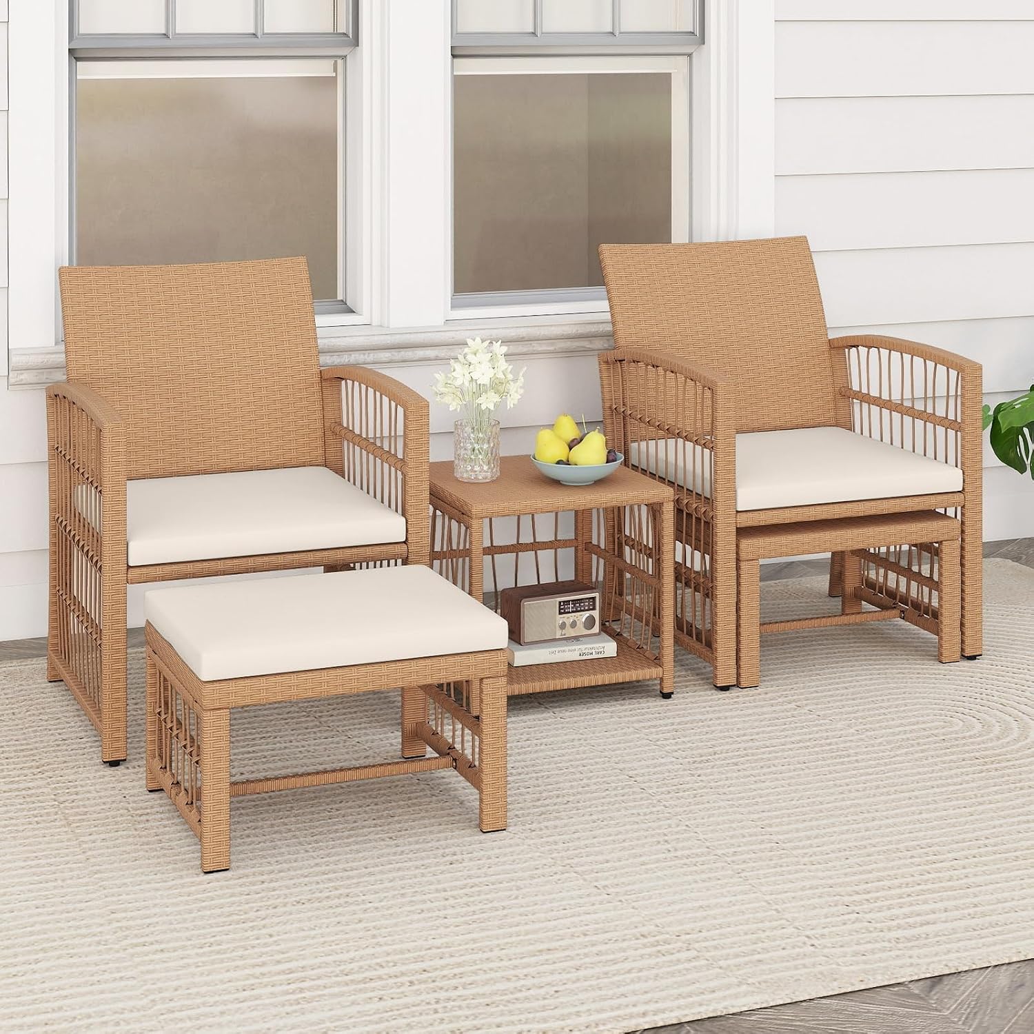 Tangkula 5 Pieces Patio Wicker Conversation Set, Outdoor Furniture Set with 2 Armchairs, 2 Ottomans & 2-Tier Side Table, Outside Rattan Cushioned Sofa Set for Deck, Backyard, Porch or Poolside