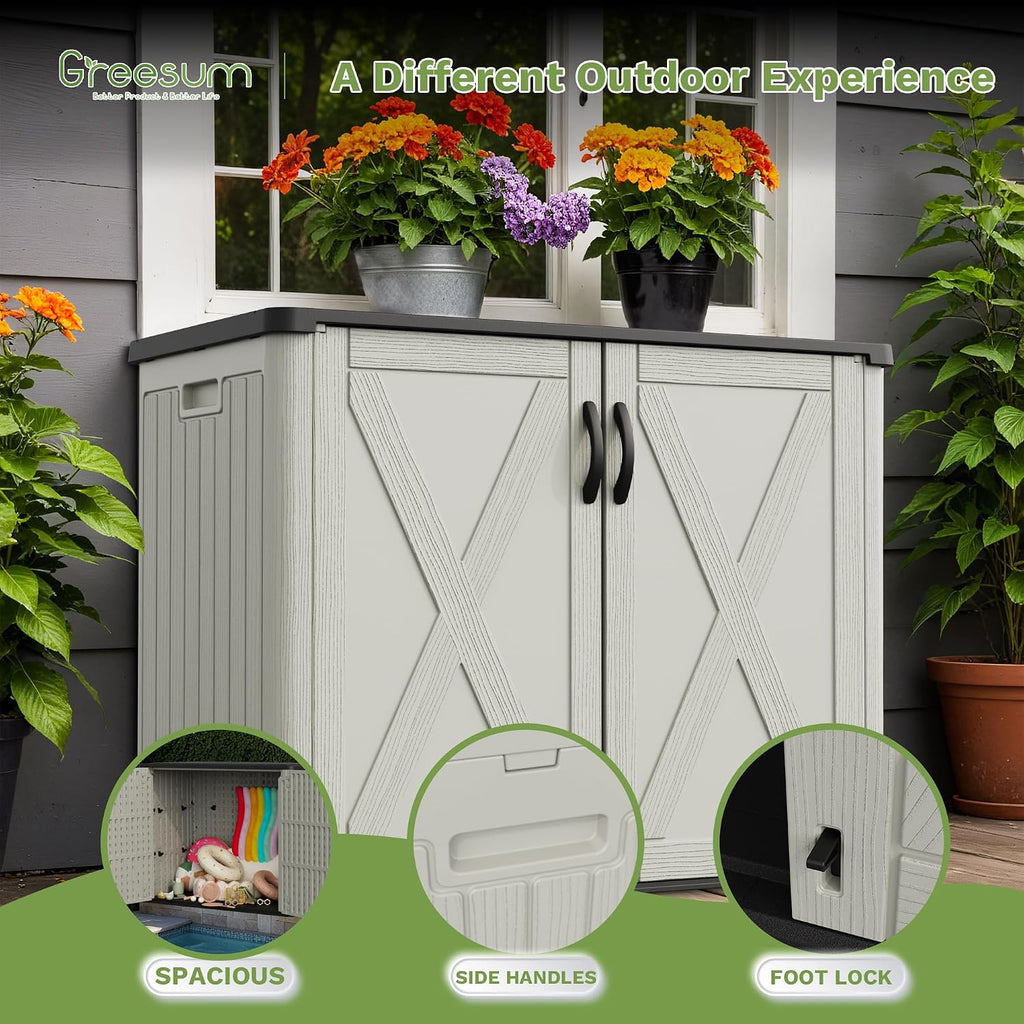 Greesum Outdoor Storage Cabinet, 25 CUFT Deck Box Without Shelves, Waterproof Plastic Storage Shed for Patio Cushions, Gardening Tools, Lockable and Sidehandles, UV Resistant, Beige