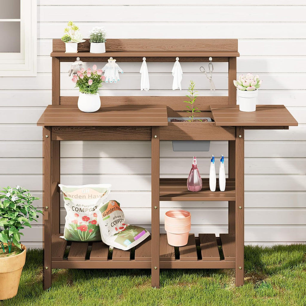 SERWALL Outdoor Potting Bench 2-Piece Set, Rot-Resistant HDPE Potting Table with Removable Sink for Outside Gardening, All-Weather Use - Brown