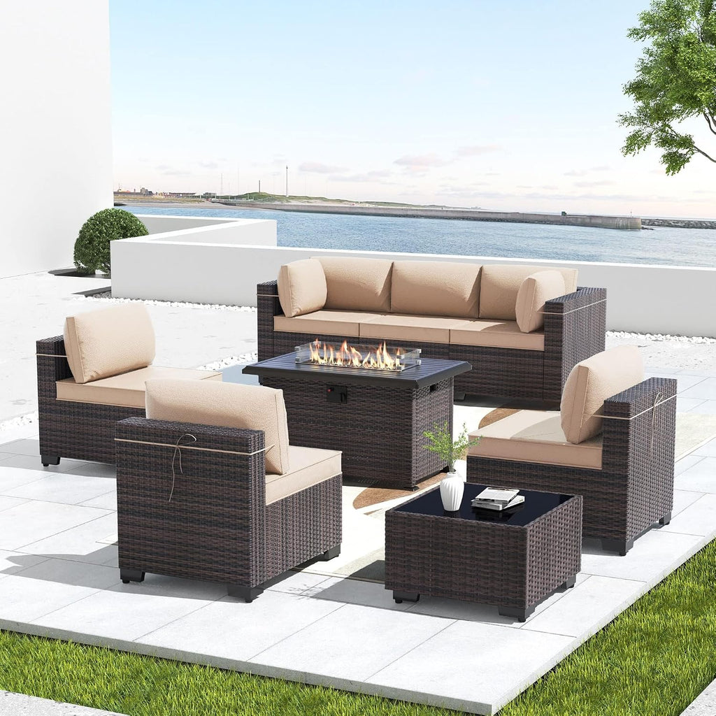 Kullavik 8 Pieces Outdoor Patio Furniture Set,Sectional Sofa Set with 43' 55000 BTU Gas Propane Fire Pit Table,Brown PE Rattan Wicker Patio Conversation Set,Sand