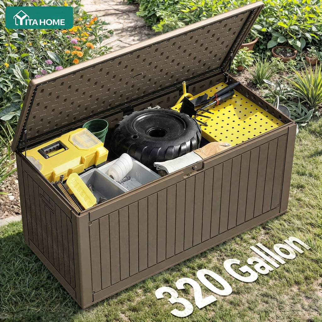 YITAHOME 320 Gallon Large Deck Box with Divider & Side Handles, Outdoor Double-Wall Storage for Patio Furniture Cushions, Garden Pool Accessories, Waterproof & Lockable