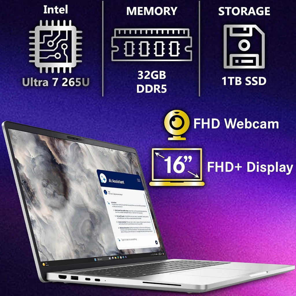 Dell Pro 16 Plus PB16250 (Replaces Latitude 5550) AI Business Notebook 16' FHD+ Intel Ultra 7-265U, 32GB DDR5 RAM, 1TB SSD PCIe, Wi-Fi 6E, BT, Backlit Keyboard, HD Webcam, RJ-45, Win 11 Pro - Silver