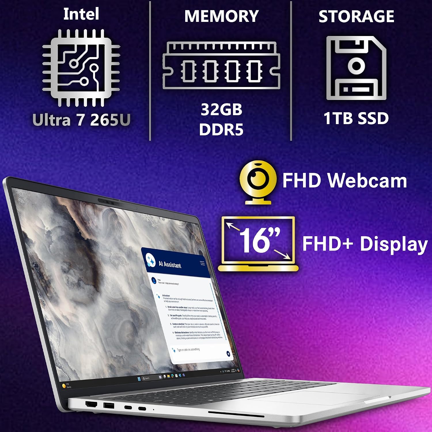 Dell Pro 16 Plus PB16250 (Replaces Latitude 5550) AI Business Notebook 16' FHD+ Intel Ultra 7-265U, 32GB DDR5 RAM, 1TB SSD PCIe, Wi-Fi 6E, BT, Backlit Keyboard, HD Webcam, RJ-45, Win 11 Pro - Silver