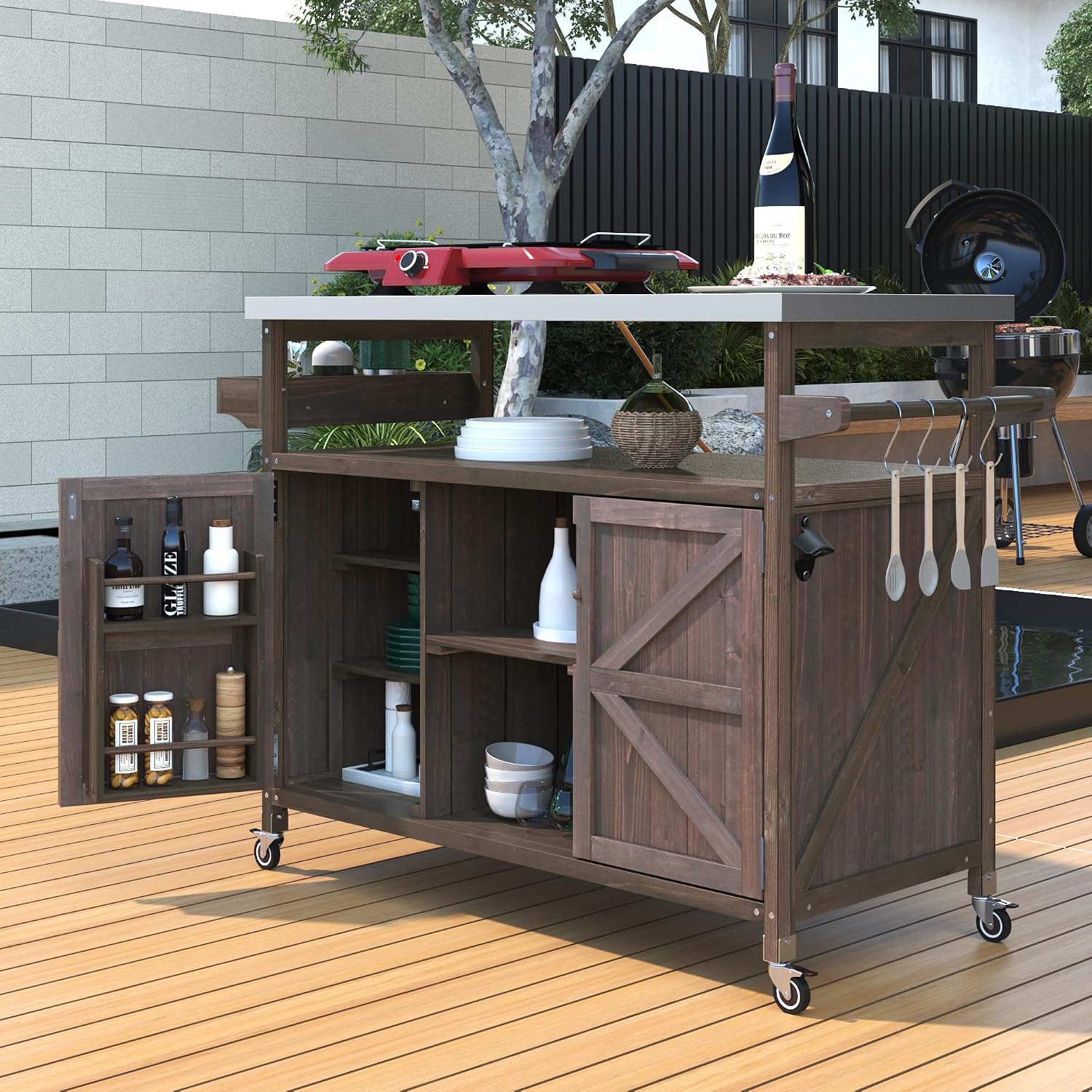 50.25' W Grill Cart with Stainless Steel Tabletop - Outdoor Storage Cabinet for BBQ, Bar Patio Kitchen Island with Ample Storage and Lockable Wheels
