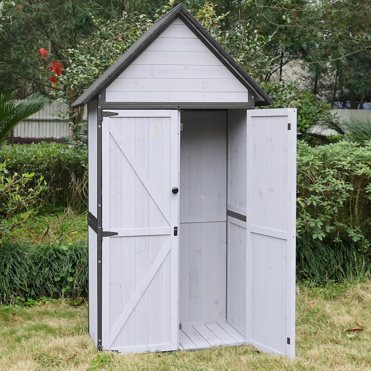 Aivituvin Storage Shed Outdoor Cabinet with All-Around Strong Metal Frame Wooden Tool House with Adjustable Shelfs and Floor,Waterproof Roof (White)