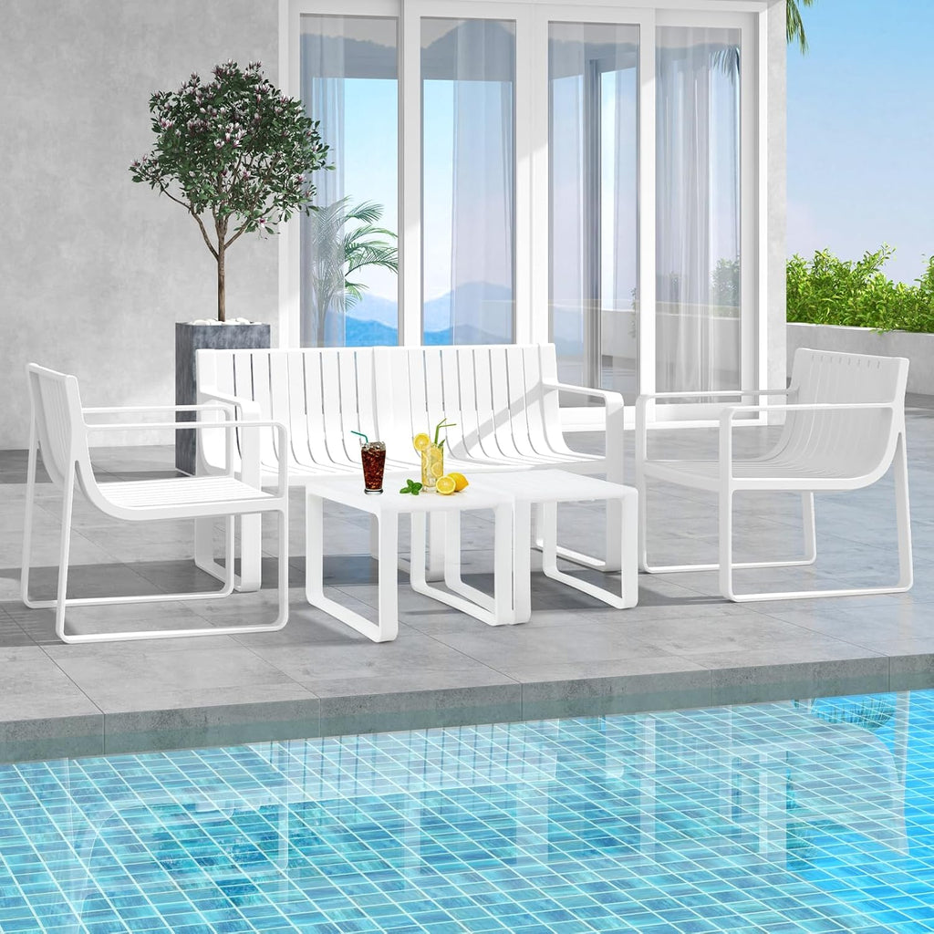 Tangkula 5-Piece Patio Furniture Set, Outdoor Conversation Set w/1 Loveseat, 2 Patio Chairs & 2 Side Tables, All-Weather Patio Bistro Set for Lawn, Backyard, Poolside, Balcony, Garden, Deck (White)