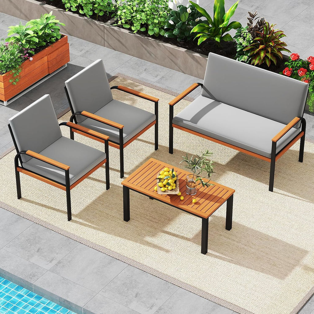 Tangkula 4 Pieces Patio Furniture Set, Outdoor Conversation Set with Acacia Wood Coffee Table, Cushioned Loveseat & 2 Single Armrest Chairs, for Porch, Garden, Backyard, Poolside