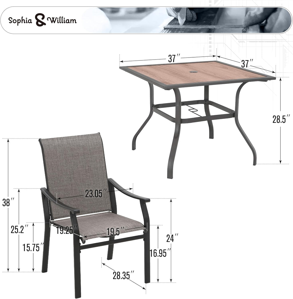 Sophia & William 5-Piece Outdoor Dining Set, 4 Comfortable Textilene Chairs and 37' Wood-like Top Outdoor Square Table, Durable All-Weather Patio Furniture for Lawn, Park, and Courtyard Support 350lbs