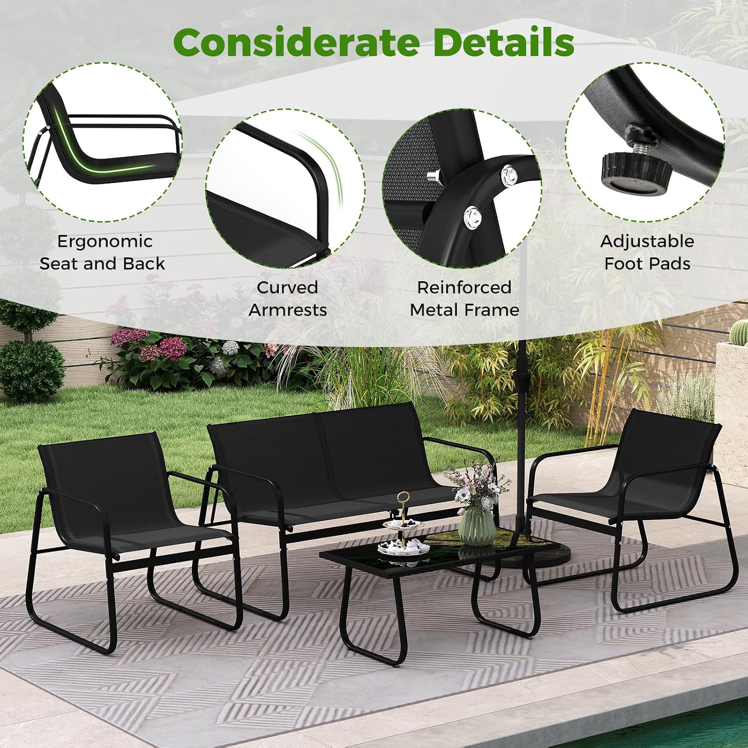 Tangkula 4 Piece Patio Furniture Set, Outdoor Metal Conversation Chair & Coffee Table Set with Mesh Seat Fabric & Tempered Glass Tabletop, Outside Bistro Set for Backyard, Porch, Poolside (1, Black)