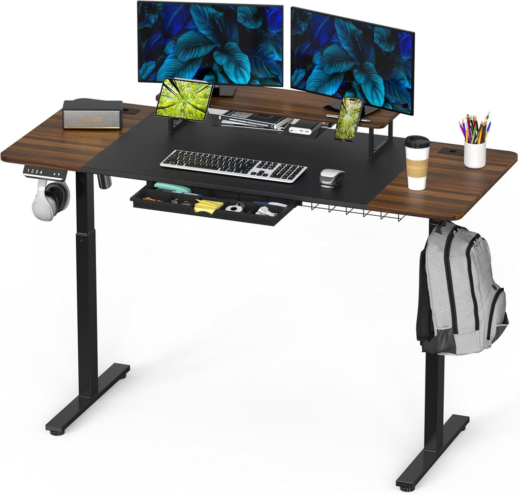 SHW 62-Inch Electric Height Adjustable Standing Desk with Monitor Riser and Drawer, Walnut