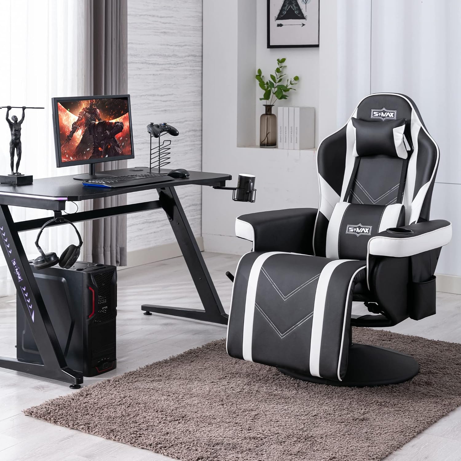 S*MAX Gaming Recliner Chair for Adults Higher Back Wider Lumbar Support Swivel PU Leather with Adjustable Backrest and Footrest Larger Cup Holder Side Pouch Black White X Large