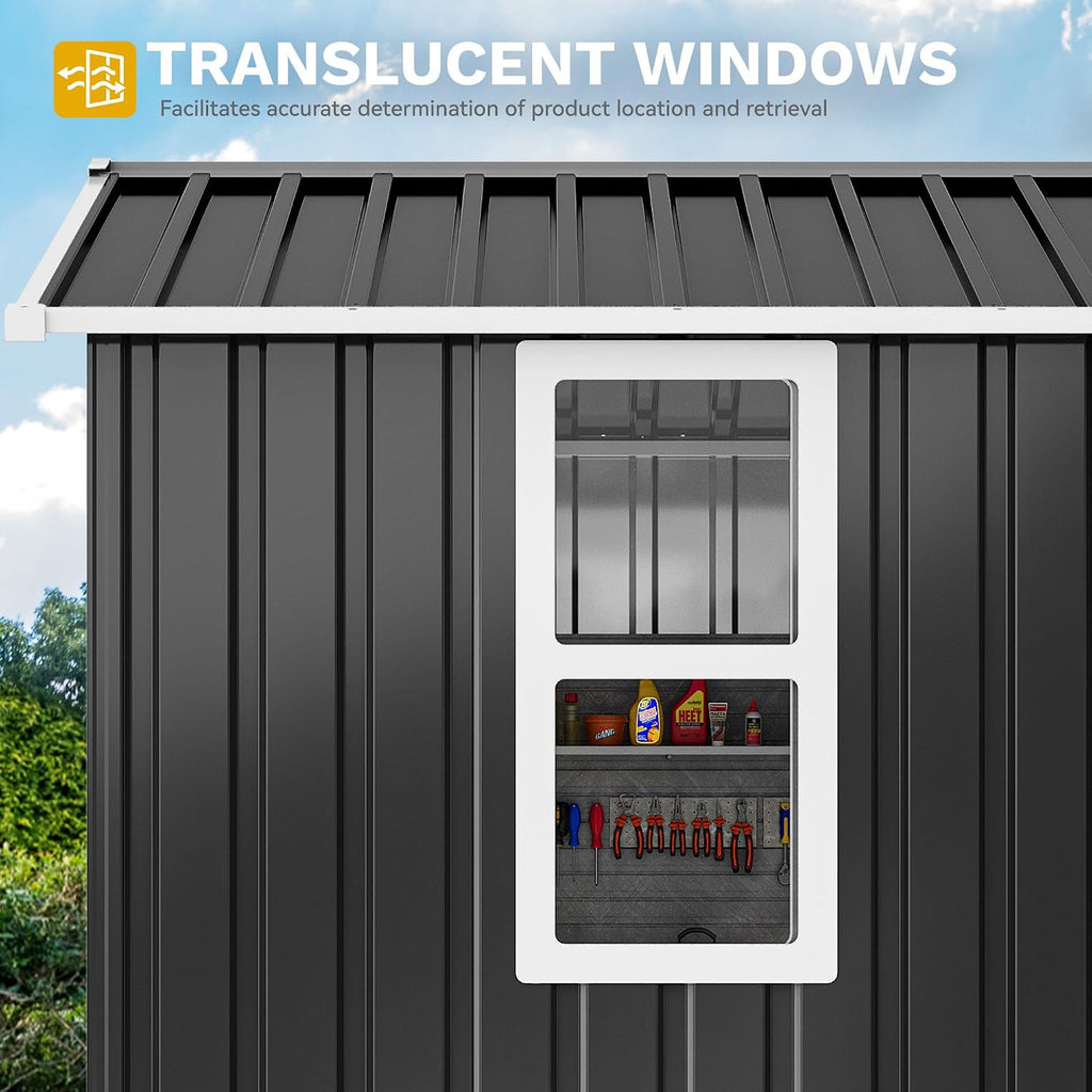DWVO 6x4ft Outdoor Storage Shed with Window, Metal Lockable Metal Garden Shed with Sloped Roof for Tools, Bikes, Ideal for Backyard, Patio, Garage, Lawn (Gray + White)