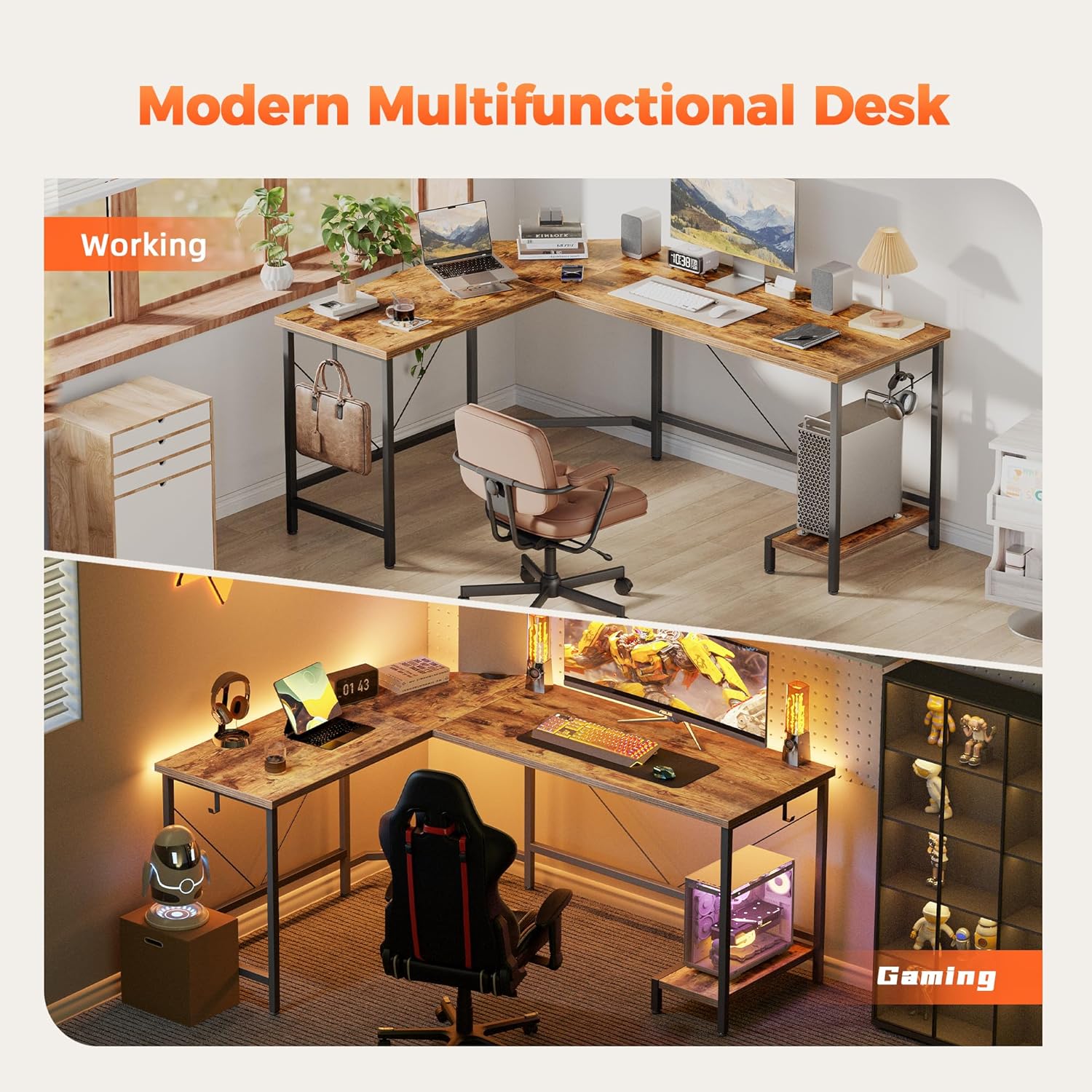 Mericonia 66 inch Large L Shaped Desk, Simple Corner Gaming Desk with CPU Stand & Hooks, Computer Desk for Home, Bedroom & Office Workspace, Dark Brown