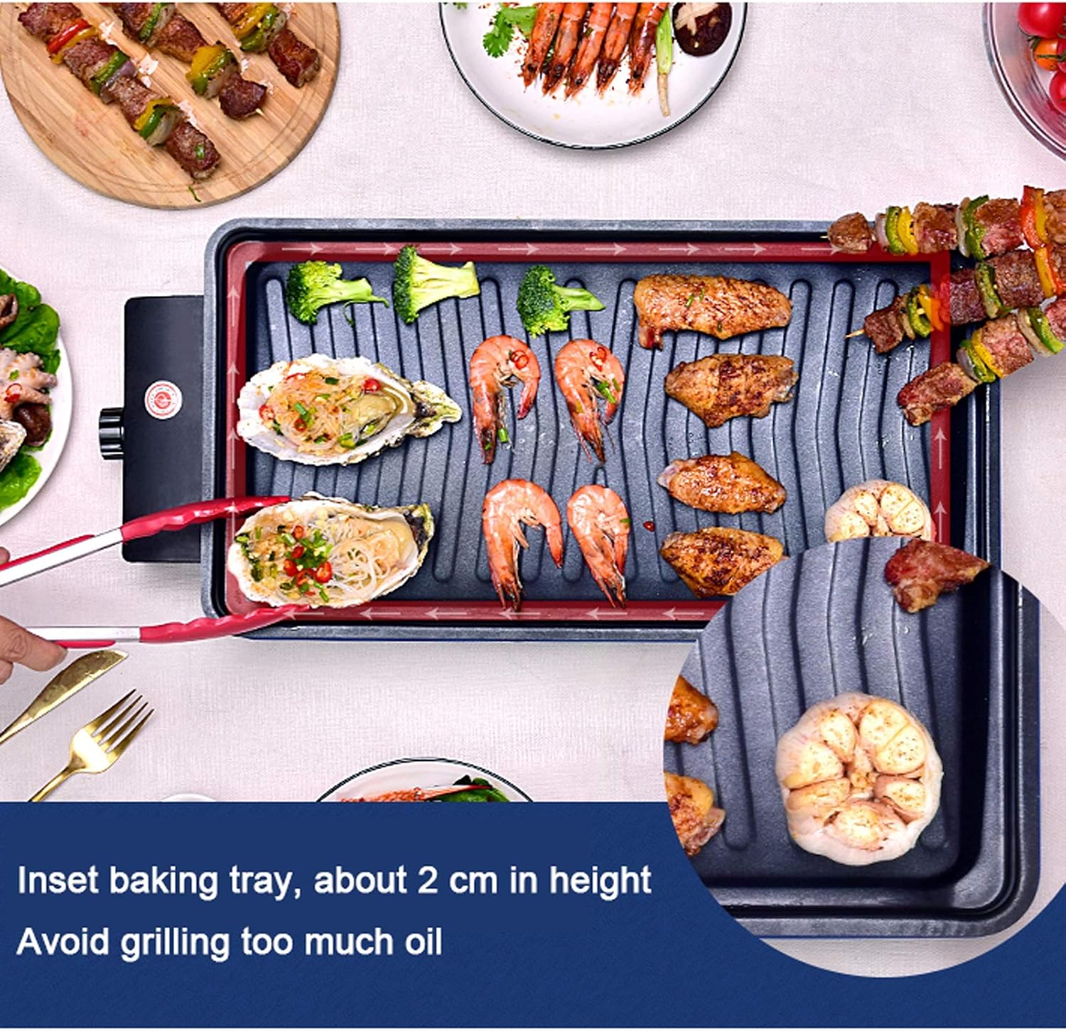 Barbecue Desk Indoor Electric Grill Smokeless Grill 1500W Electric BBQ Grill and Non-Stick Grill Plates with Temperature Control Removable Drip Tray Blue Tabletop Barbecue