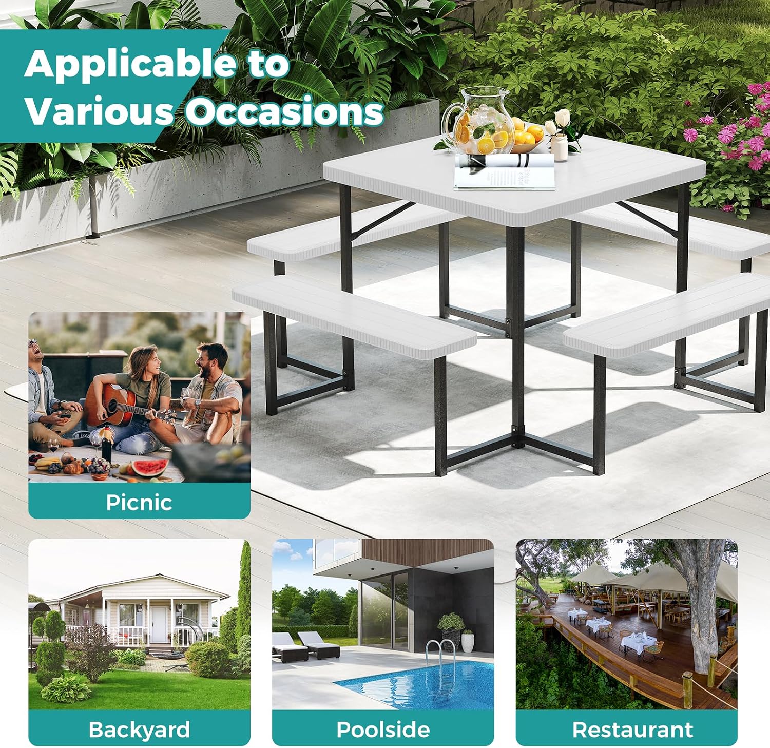 Giantex Picnic Table Bench Set for 4-8 People, 34' Outdoor Square Dining Table & 2 Benches w/Umbrella Hole, HDPE Tabletop, Metal Frame, Patio Camping Furniture for Backyard Porch Lawn (White,Square)