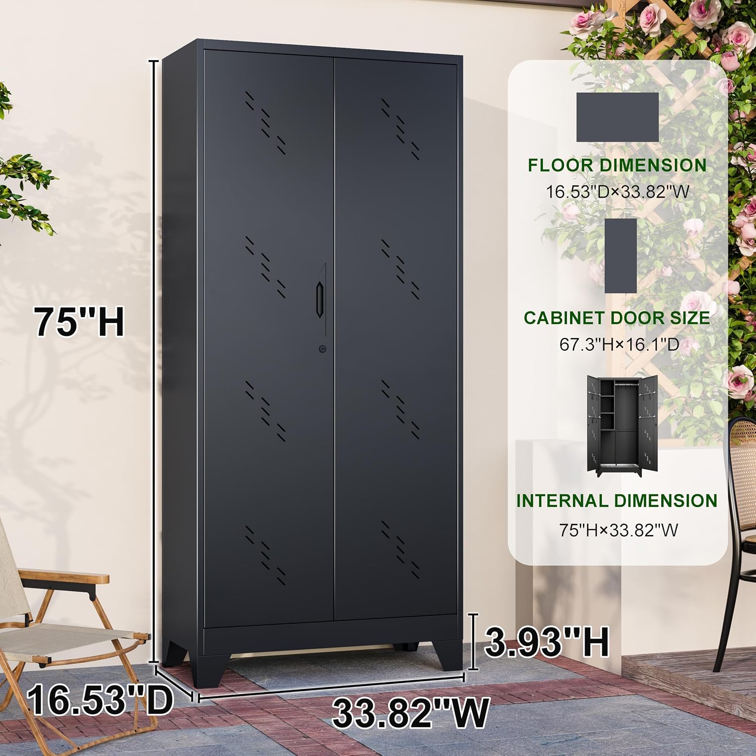 Garage Storage Cabinet 75' H,Tall Storage Shed with Lockable Doors and Stainless Steel Bottom, Black Tools Utility Chests for Office, Garage, Warehouses