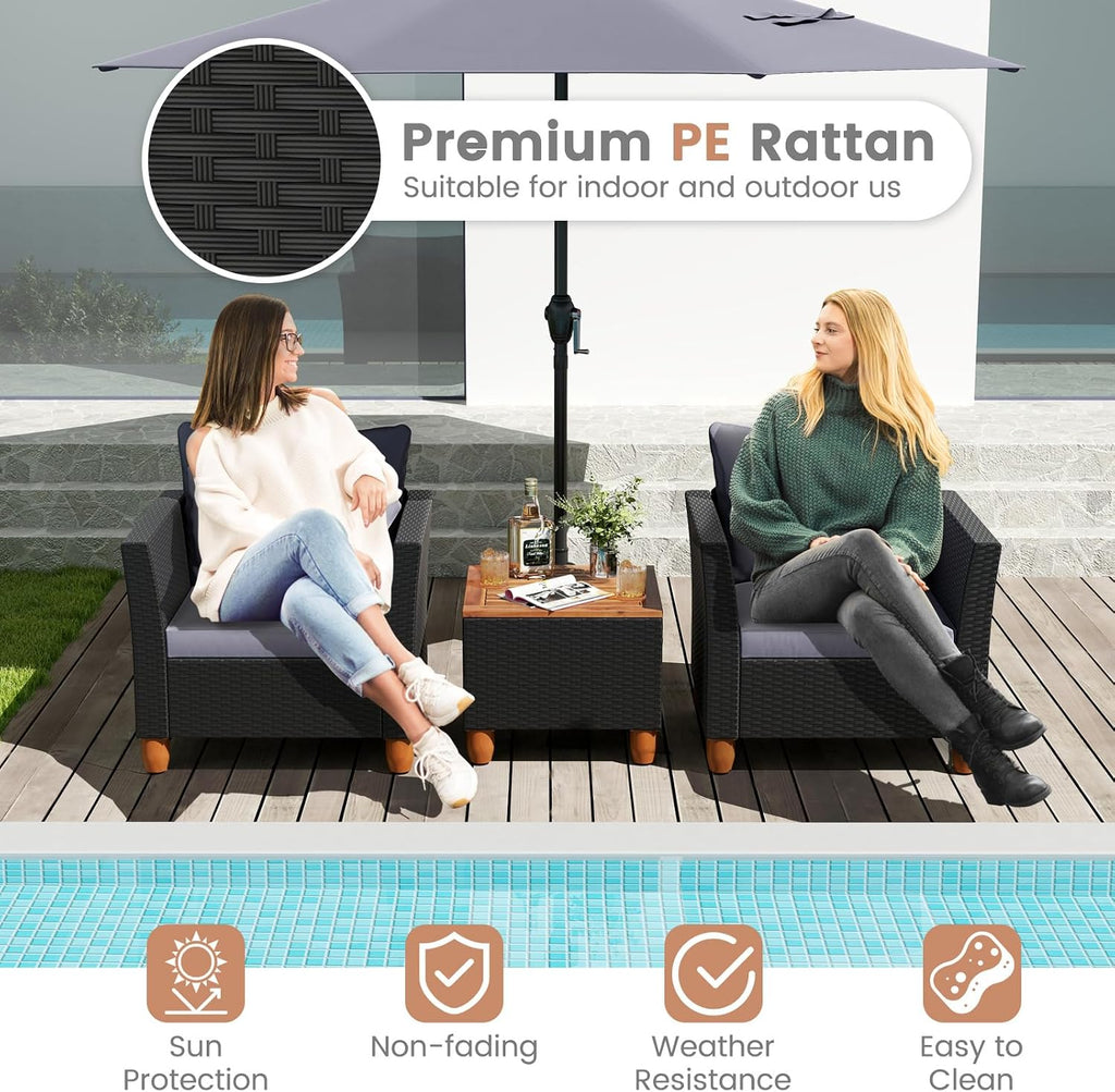 COSTWAY 3 Pieces Patio Rattan Furniture Set, Outdoor Wicker Conversation Chairs Set with Acacia Wood Coffee Table & Washable Cushion, Porch Furniture Bistro Set for Balcony, Garden, Backyard, Grey