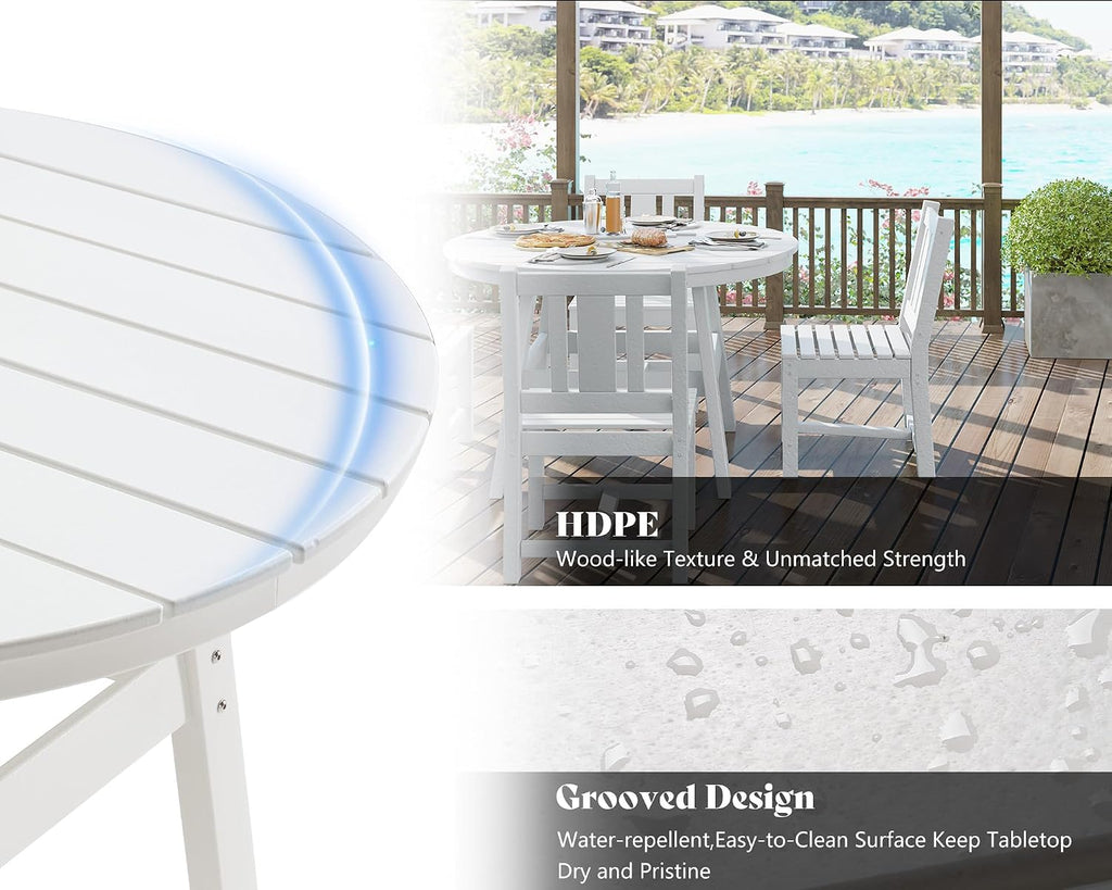 AMERLIFE 5 Piece HDPE Patio Dining Table Set, All-Weather Outdoor Table and Chairs Set Furniture with Umbrella Hole for Garden, Backyard, Poolside, Seaside, White