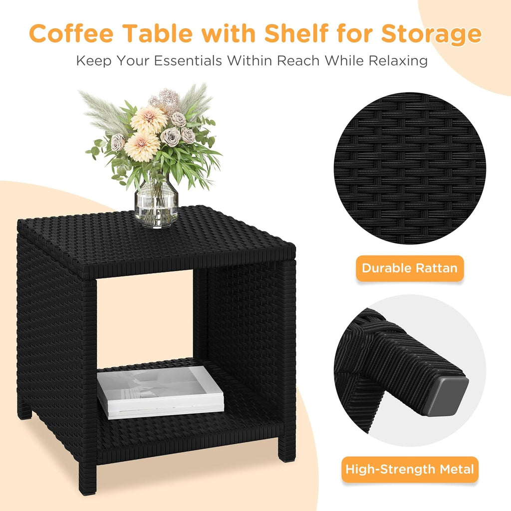 Yaheetech 5 Piece Patio Conversation Set with Ottomans, PE Wicker Balcony Furniture, Rattan Lounge Sofa with Cushions & Pillows, 2 Chairs & Side Table for Backyard, Porch, Garden, Black/Beige