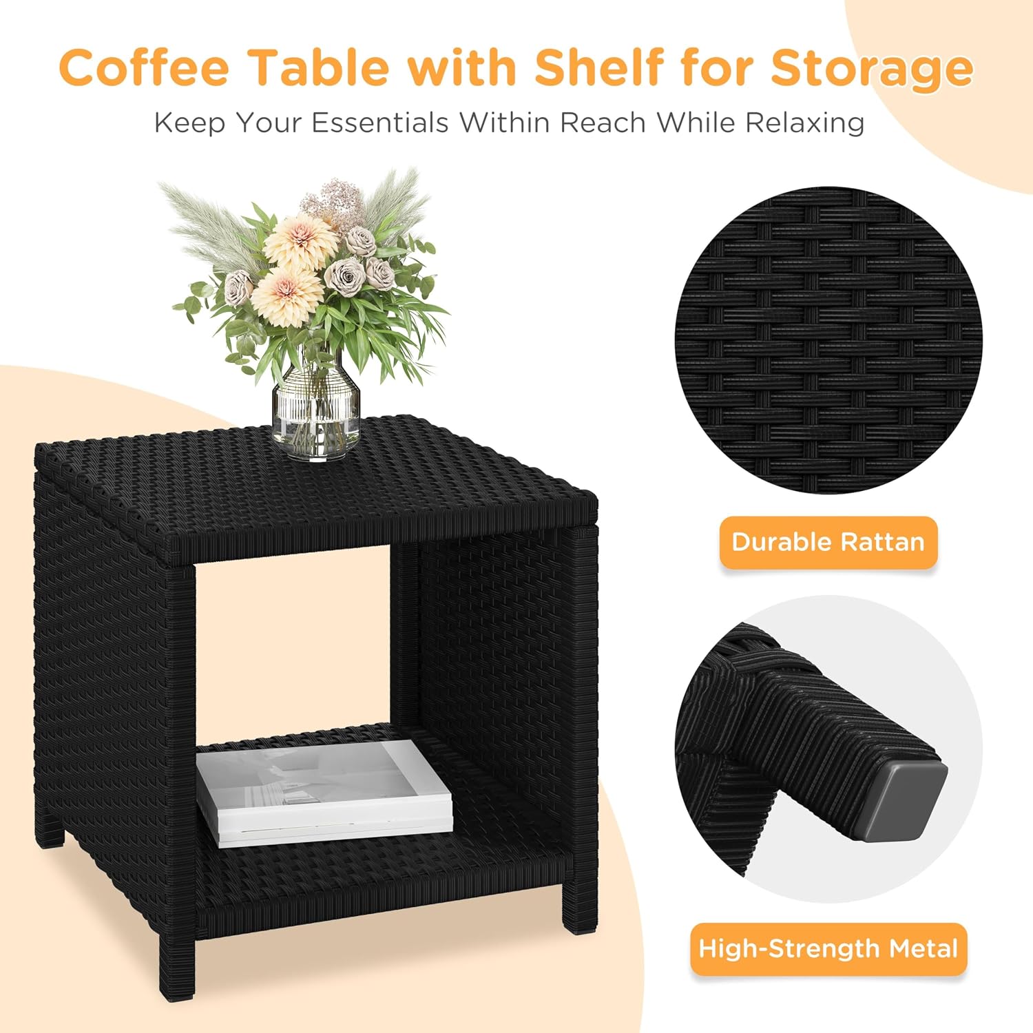 Yaheetech 5 Piece Patio Conversation Set with Ottomans, PE Wicker Balcony Furniture, Rattan Lounge Sofa with Cushions & Pillows, 2 Chairs & Side Table for Backyard, Porch, Garden, Black/Beige