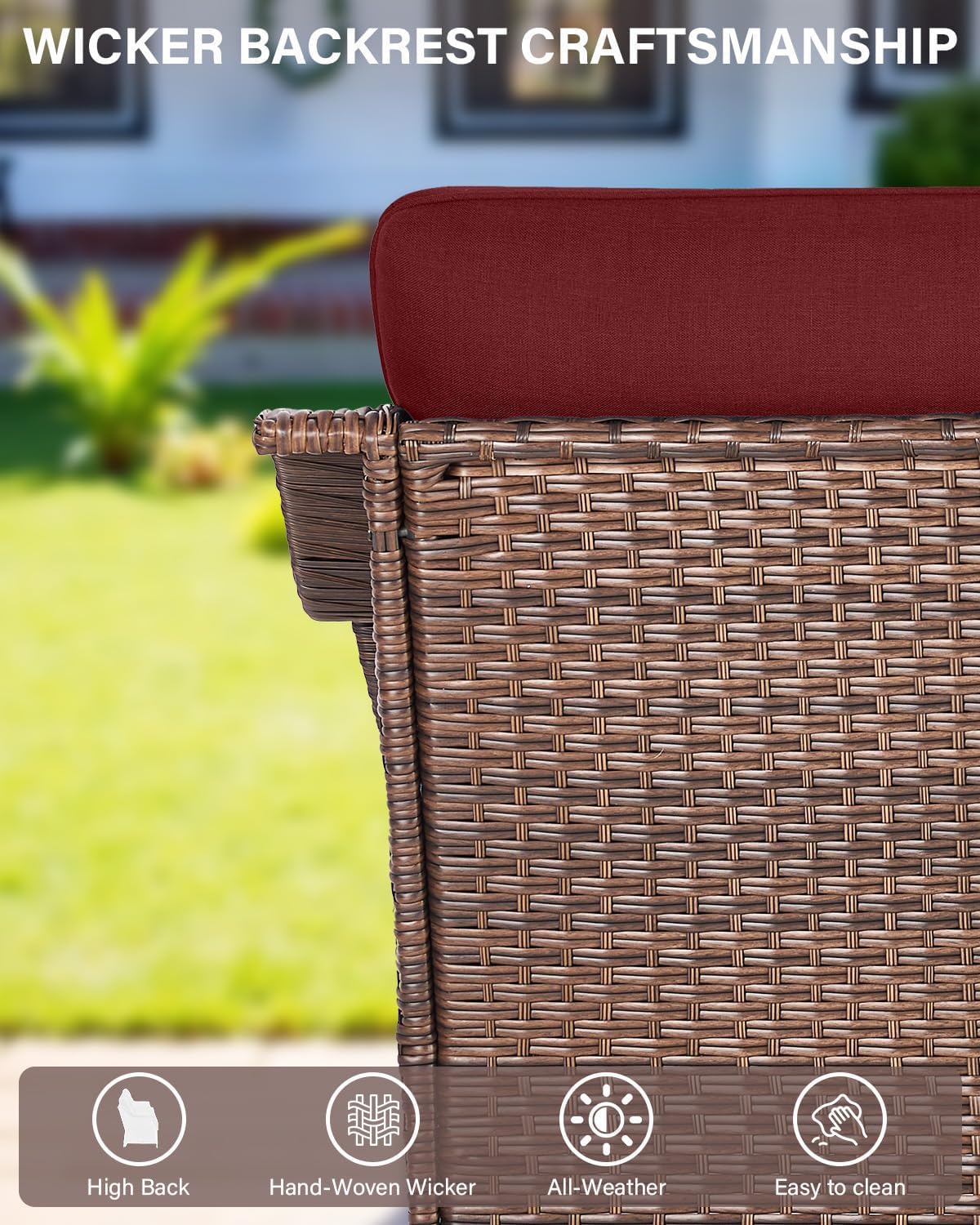 Belord Luxury Wicker Patio Furniture Set with 41' Fire Pit Table - Swivel Rocker Glider Outdoor Chairs with Sofa and Glass Top Side Table, All-Weather Removable 6' Red Seat Cushion for Patio Evenings