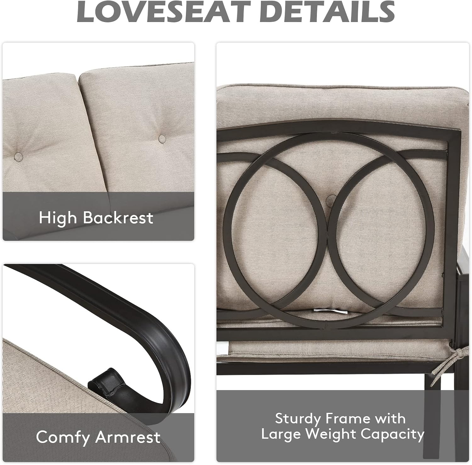 Giantex Patio Loveseat with Coffee Table Outdoor Bench with Cushion and Metal Frame, Loveseat Porch Furniture Set Sofa for Garden, Yard, Patio or Poolside (Light Beige & Black)