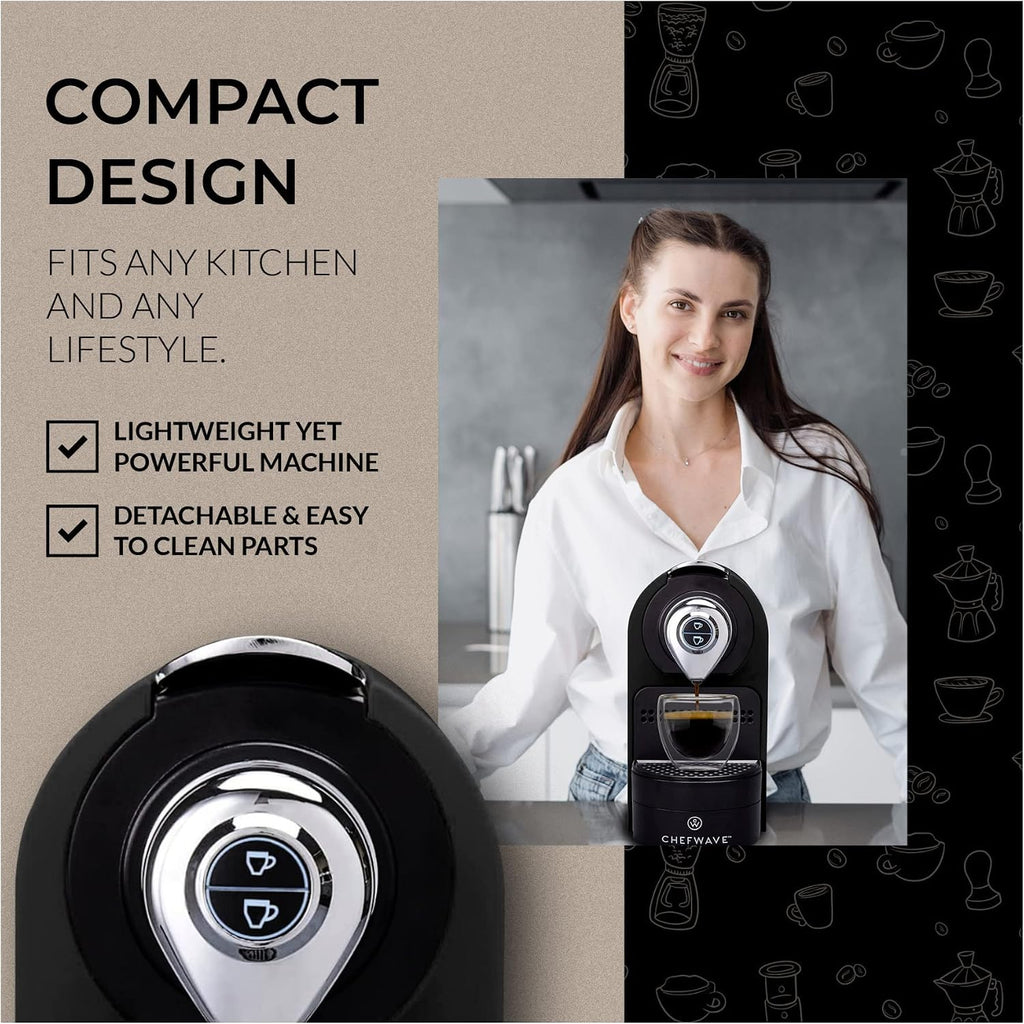 ChefWave Espresso Machine Compatible with Nespresso Capsules (Black) with Capsule Holder, and 2 Glass Cups Bundle with Handheld Milk Frother (2 items)